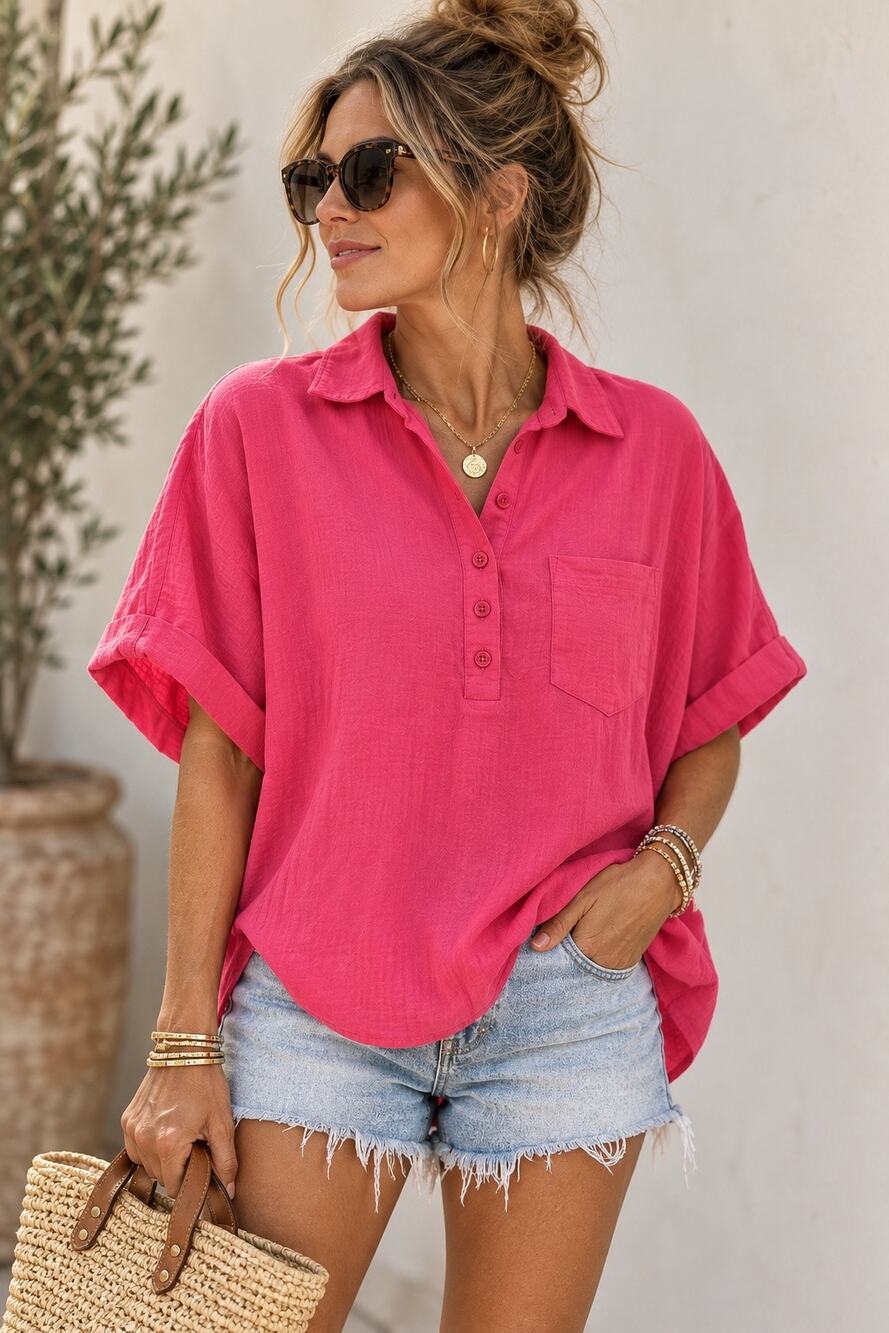Andree By Unit Womens L Pink 100% Cotton Oversized Dolman Batwing Popover Shirt